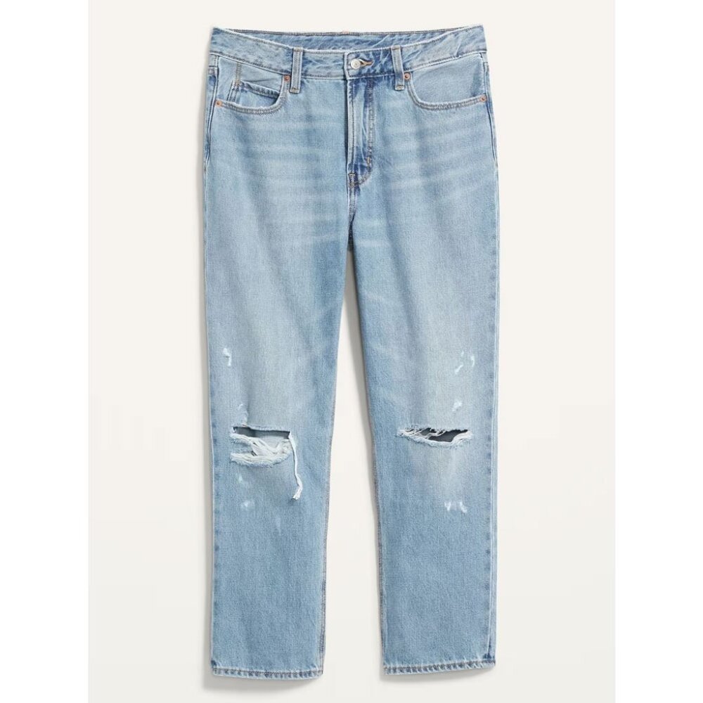 High-Waisted Slouchy Straight Cropped Ripped Jeans